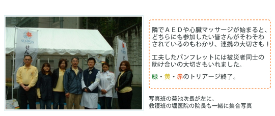 秋の防災訓練に地域の一員（せんぽ東京高輪病院）として参加　隣でＡＥＤや心臓マッサージが始まると、どちらにも参加したい皆さんがそわそわされているのもわかり、連携の大切さも！工夫したパンフレットには被災者同士の助け合いの大切さもいれました。緑・黄・赤のトリアージ終了。